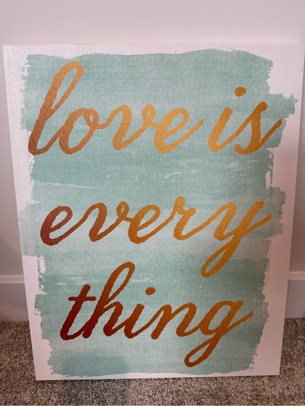 Gold Script "Love is Everything" Canvas Art on Aqua Wash
